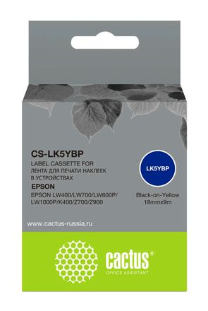 Картридж Cactus CS-LK5YBP, LK-5YBP, 18мм, черный шрифт, желтый фон, 9м, CS-LK5YBP