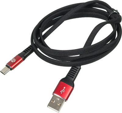 Кабель Digma USB Type-C (m) -  USB (m),  1.2м,  плоский,  в оплетке,  2A,  черный / красный [type-c-1.2m-flat-blk]