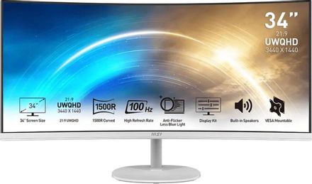 34" Монитор MSI Pro MP341CQW,  3440x1440,  VA,  100Гц,  2хHDMI,  1хDP,  изогнутый, белый [9s6-3pb2ct-025]