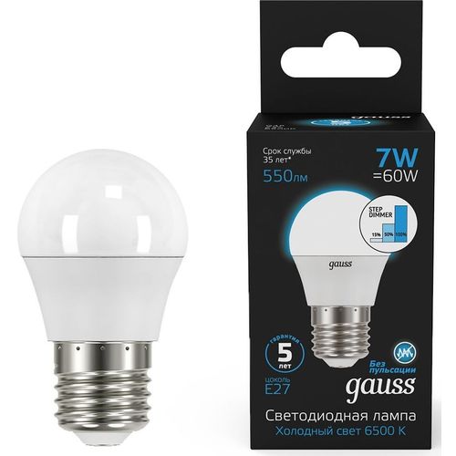Упаковка ламп LED GAUSS E27, шар, 7Вт, 105102307-S, 10 шт. — цена и наличие Упаковка ламп LED GAUSS E27, шар, 7Вт, 105102307-S, 10 шт.