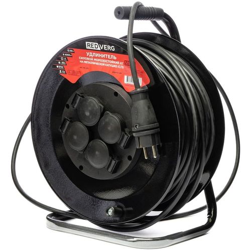 Удлинитель силовой REDVERG MA-292, розеток 4шт, 3x1.0 кв.мм, 16A, 50м, КГ, катушка, черный