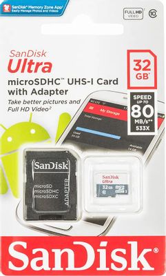 Карта памяти microSDHC UHS-I Sandisk Ultra 80 32 ГБ, 80 МБ/с, 533X, Class 10, SDSQUNS-032G-GN3MA,  1 шт., переходник SD